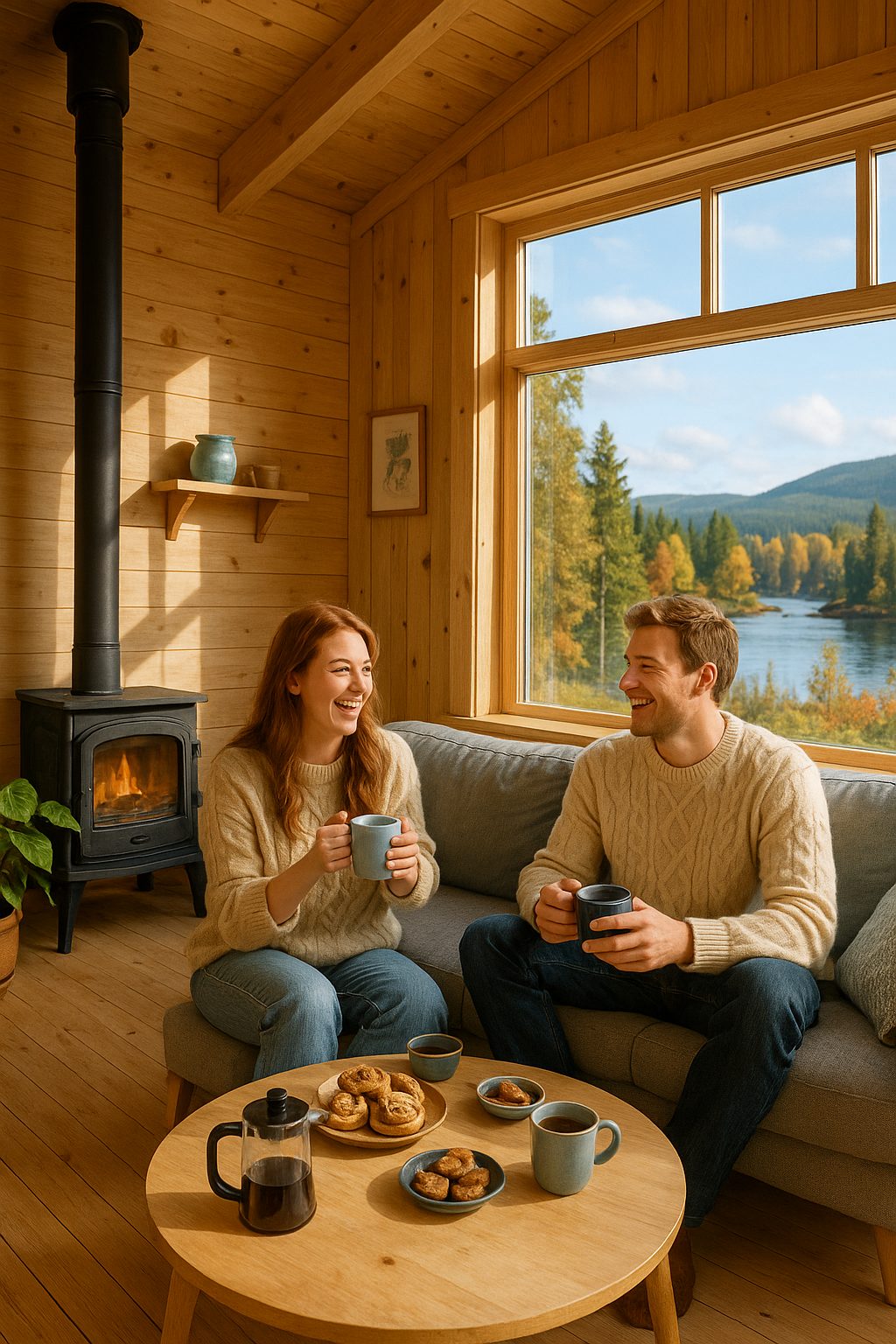 湖畔のキャビンでくつろぐ二人