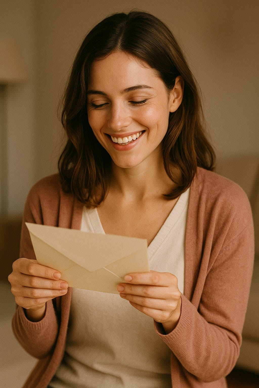 手紙を持つ微笑む女性