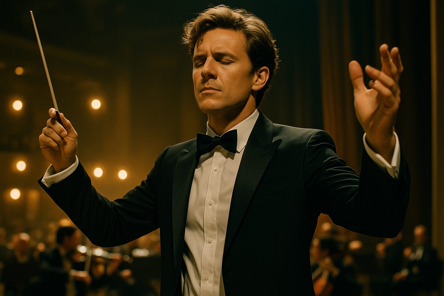 オーケストラを指揮する情熱的な音楽家