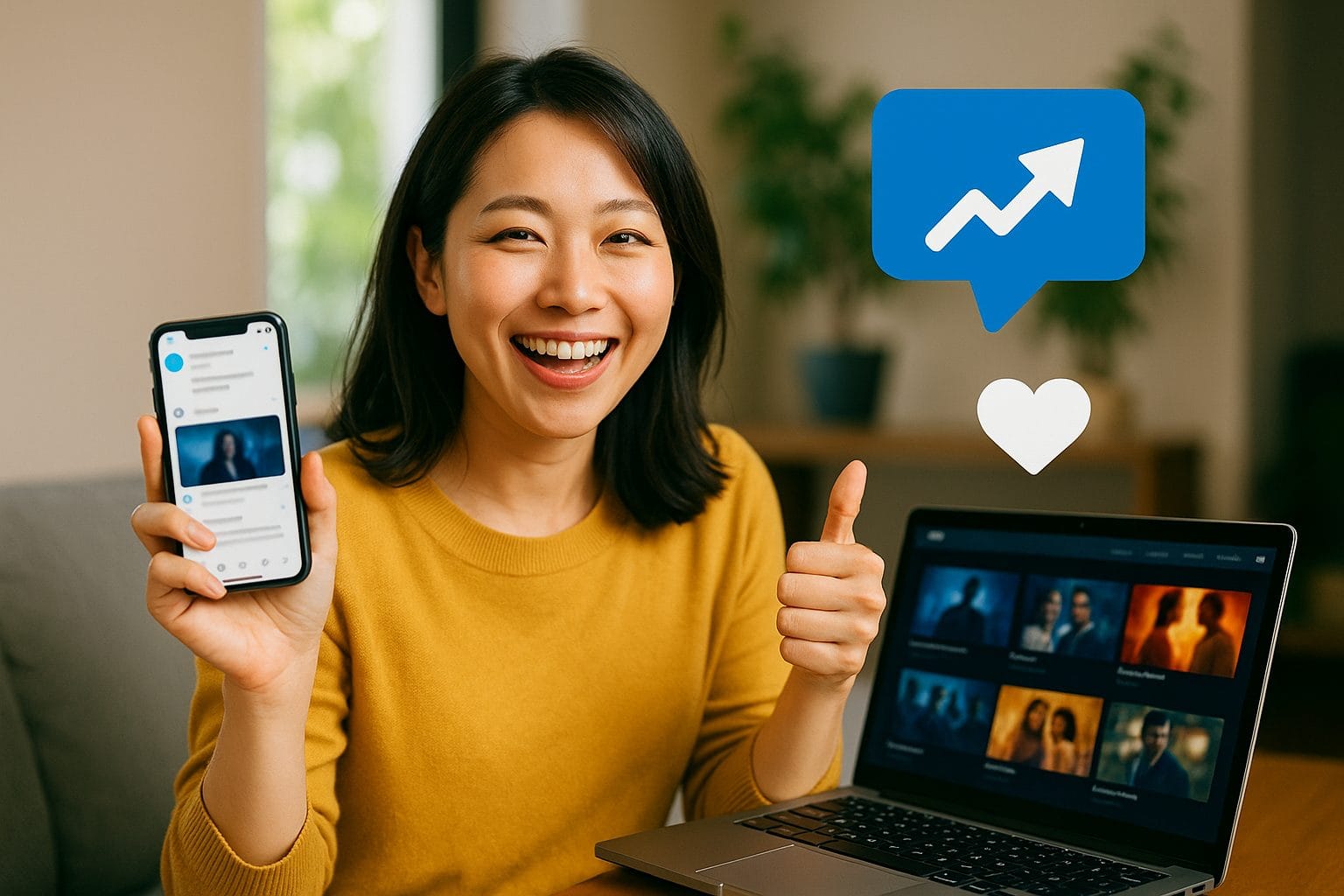 笑顔の女性とデジタルデバイス