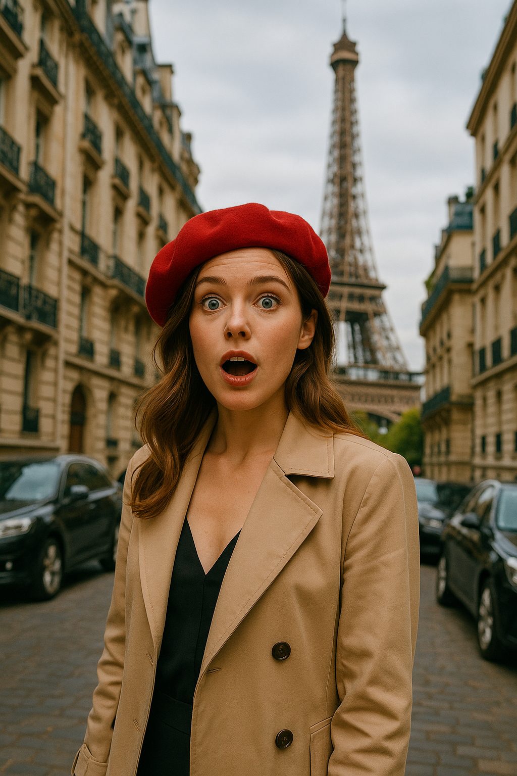 パリの街角で驚く女性