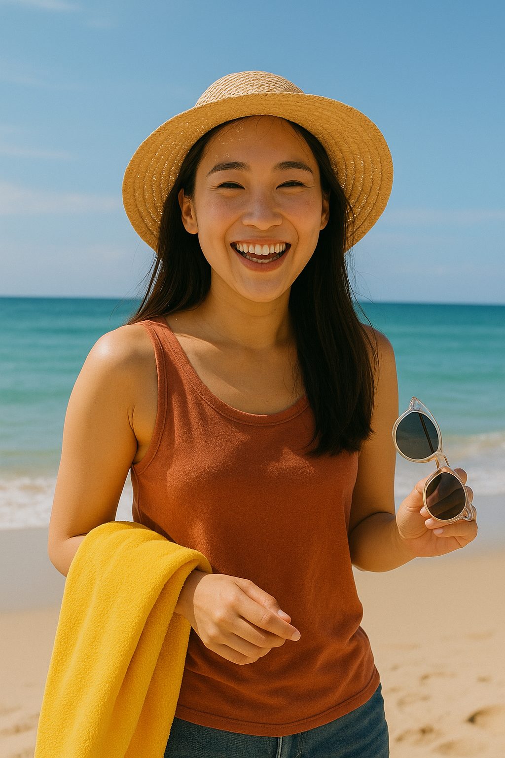 砂浜の笑顔の女性