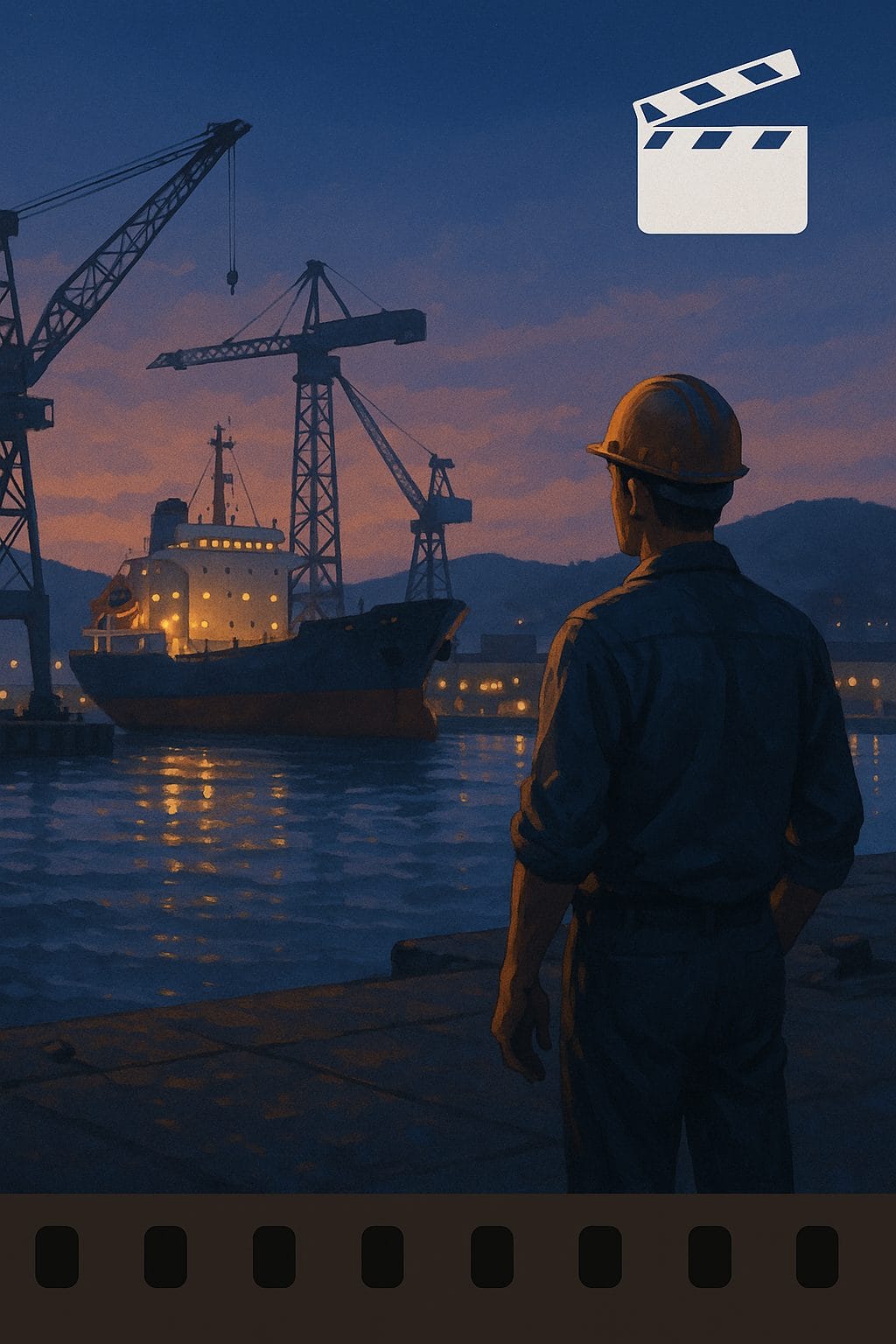 黄昏の港と船の建造