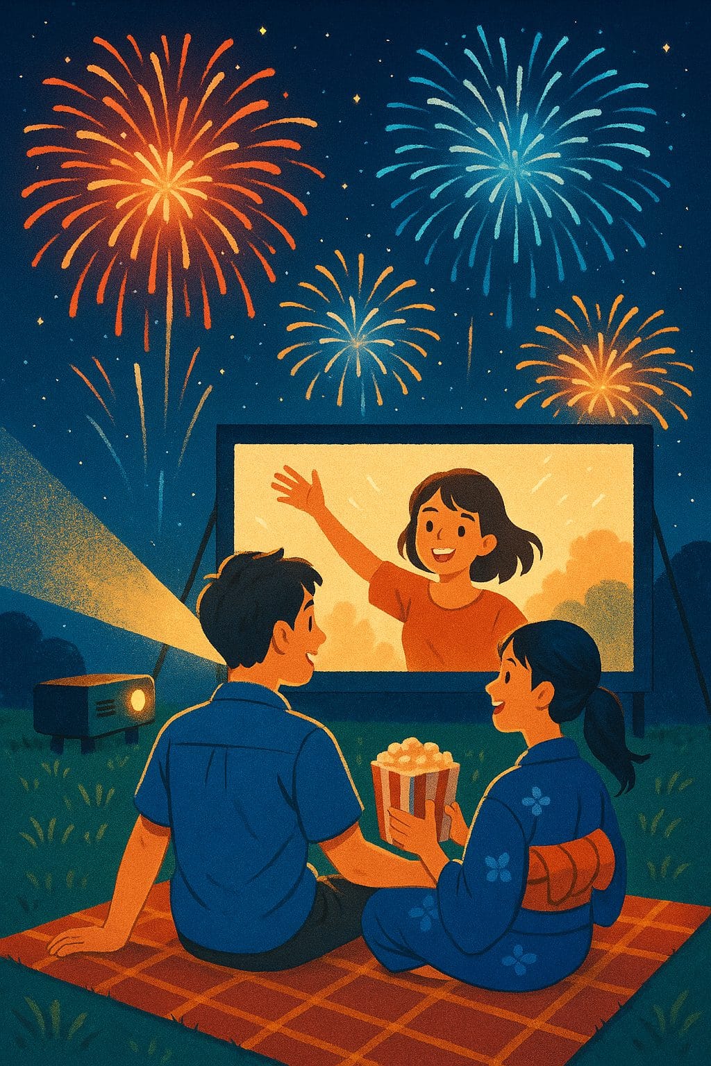 夜空の下、花火と映画