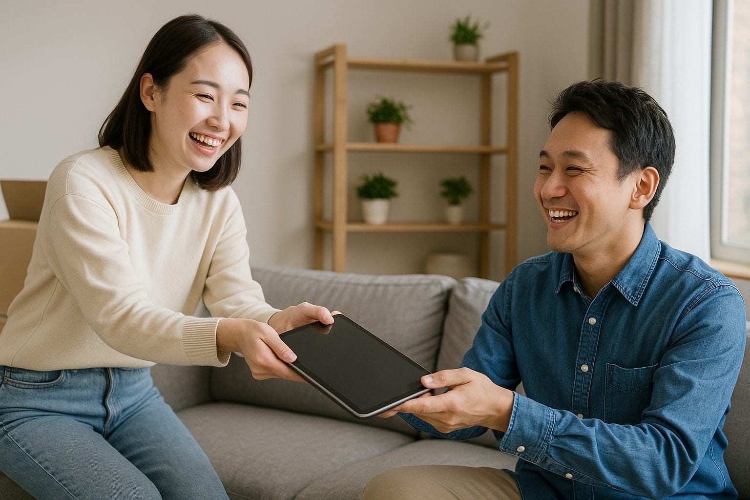 リビングでタブレットを渡す二人