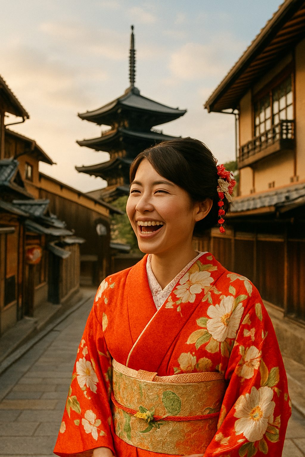 祇園の街で笑顔を浮かべる