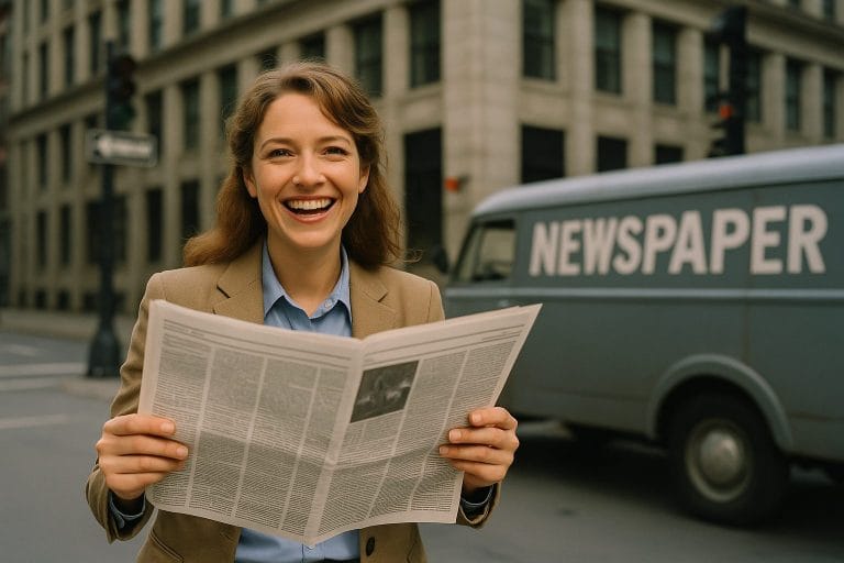街角で微笑む新聞記者