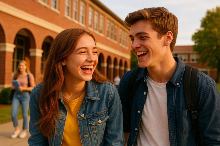 高校のキャンパスで笑顔のカップル