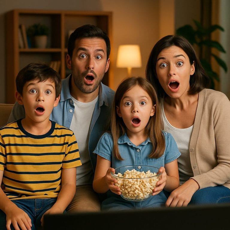 映画に驚く家族の笑顔