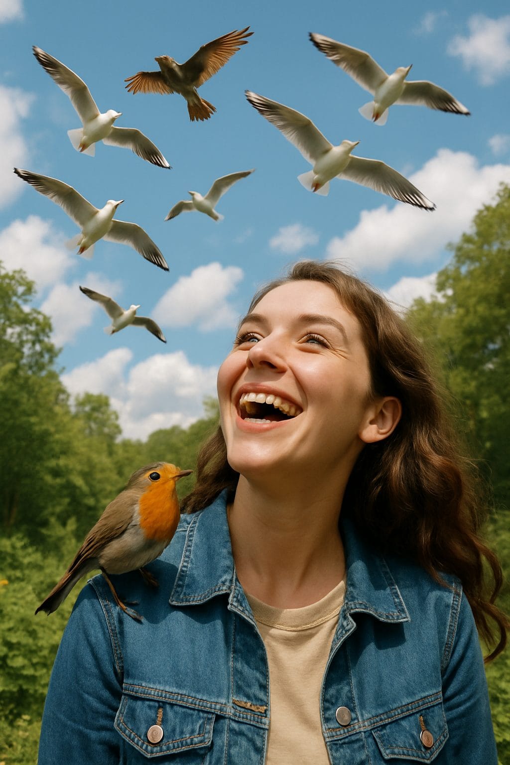 鳥と共に微笑む女性