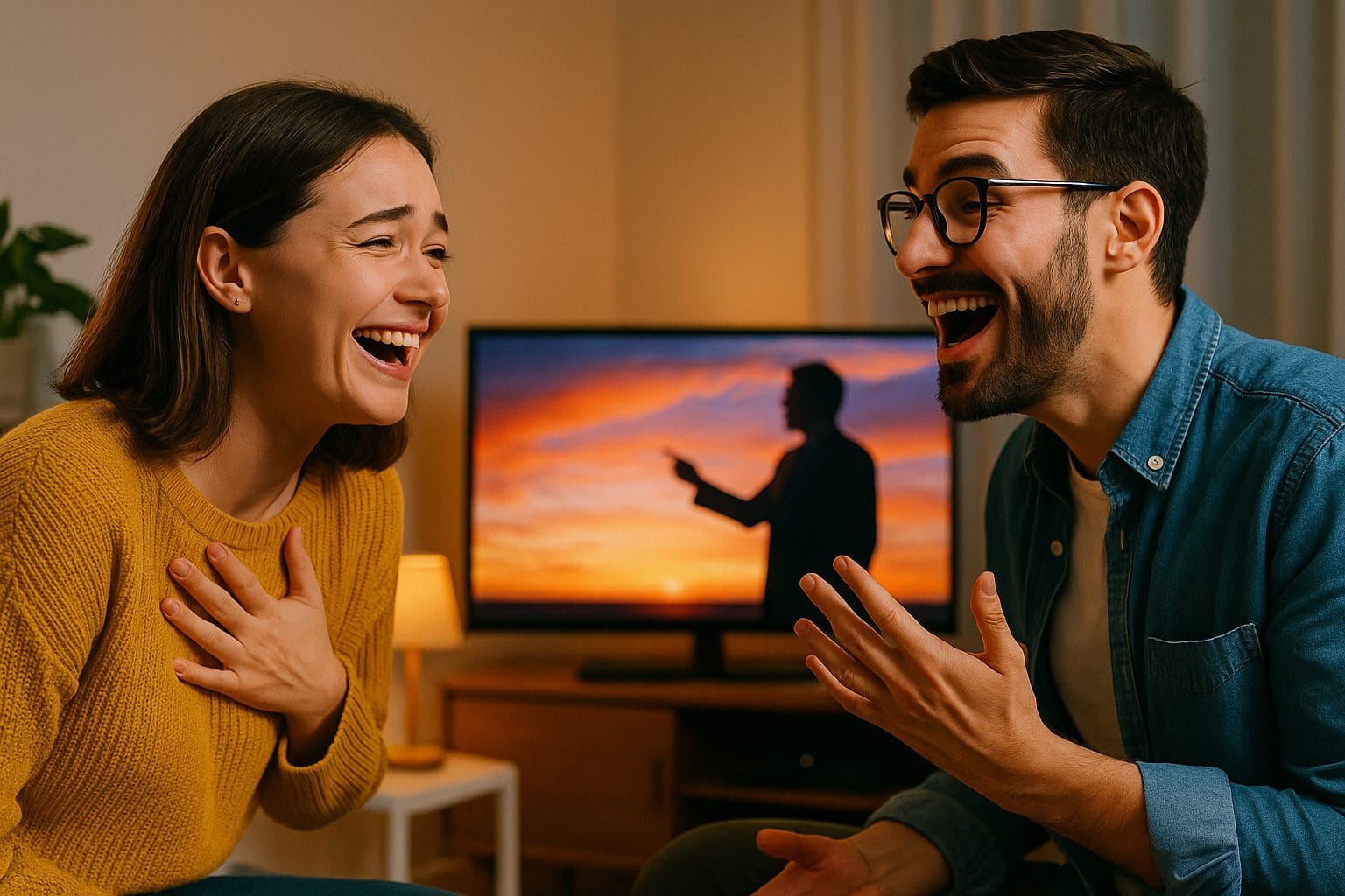 映画のシーンに笑う二人