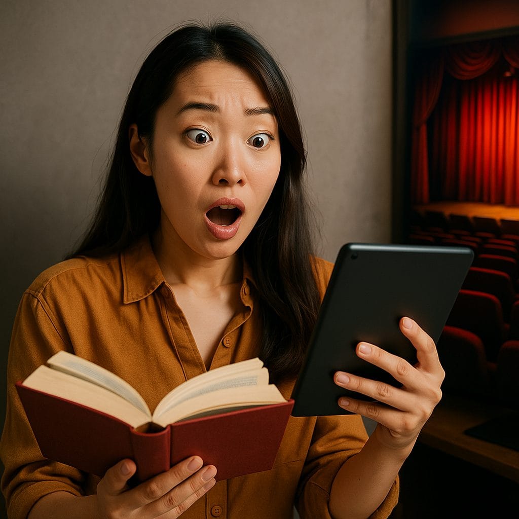 劇場のシーンと青年の表情