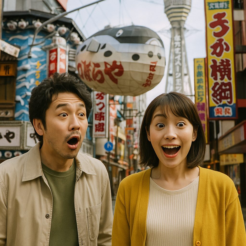 大阪の通りで驚く二人