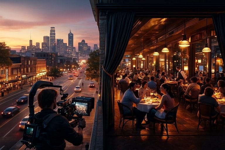 撮影中の街並みとレストラン