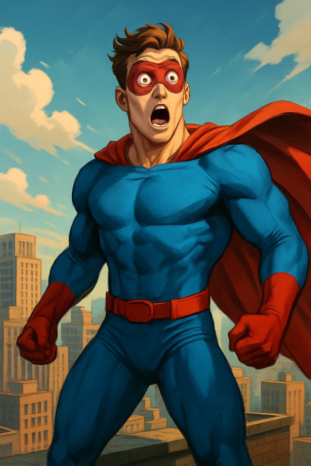 驚きのヒーローと都市の背景