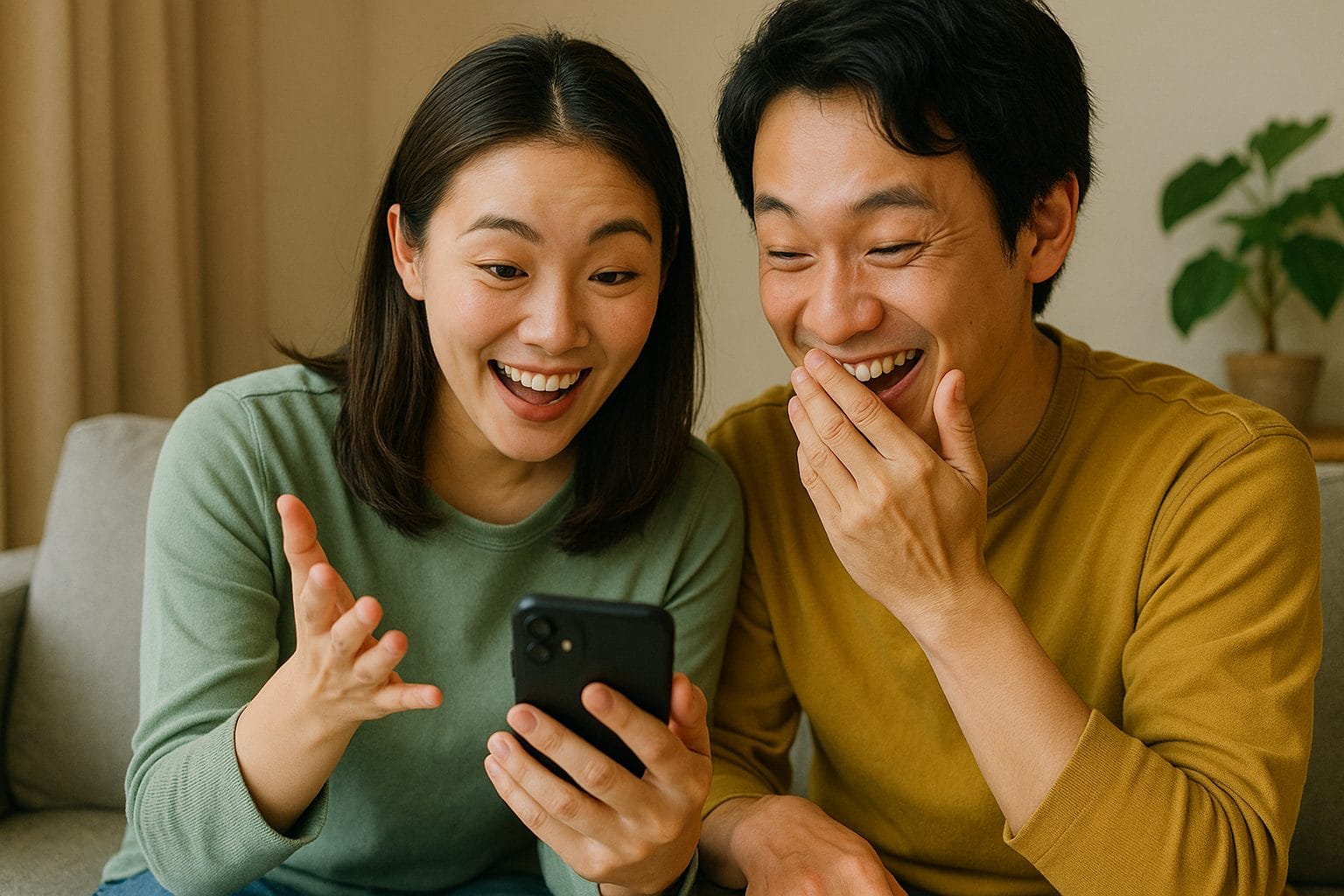 スマートフォンで楽しむ笑顔のカップル