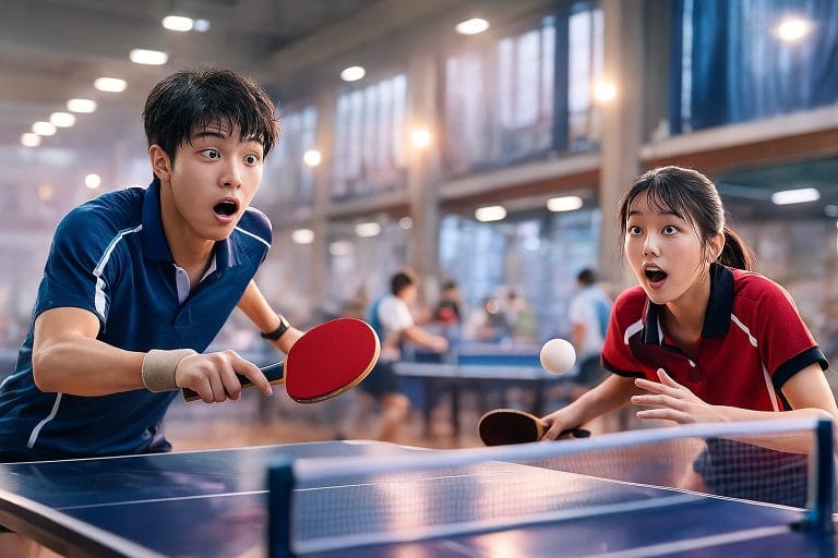 卓球の試合中の若い選手たち