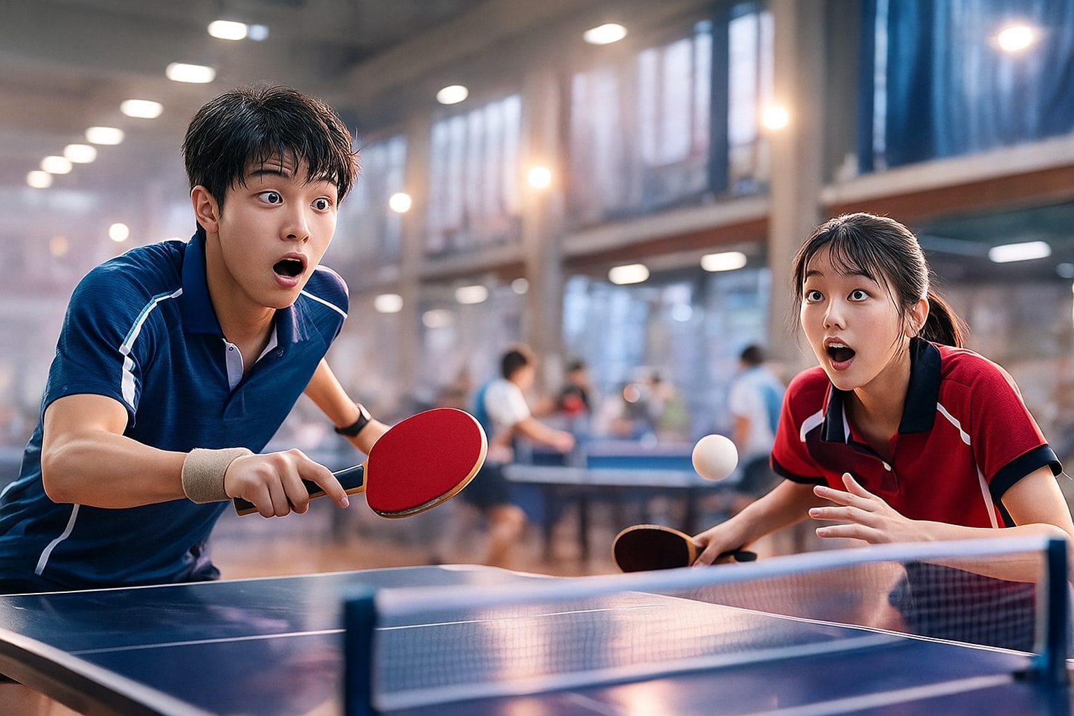 卓球の試合中の若い選手たち