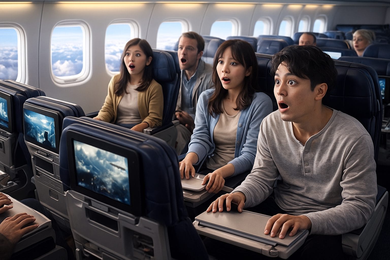 映画に驚く乗客たち