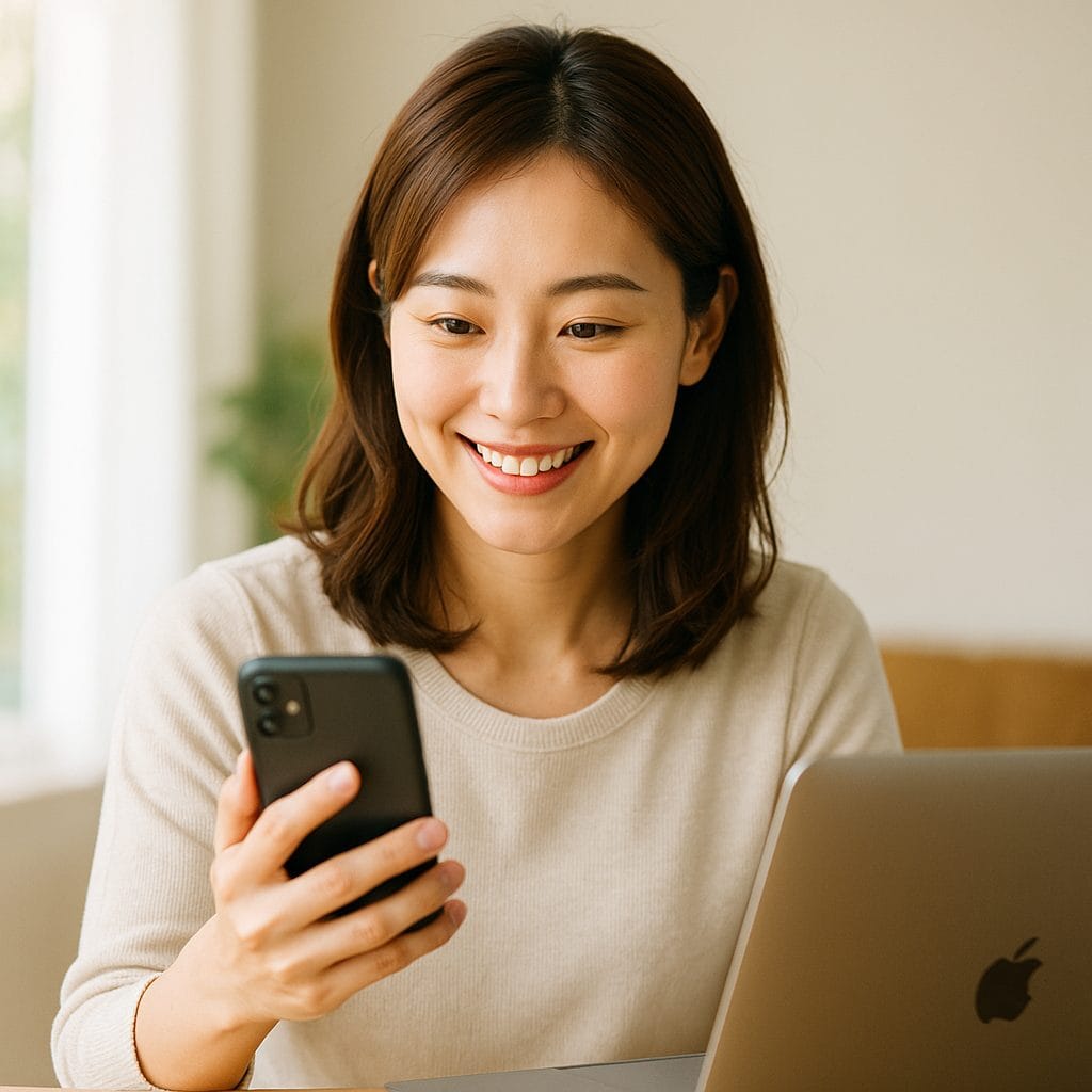 スマートフォンとノートパソコンを使う女性