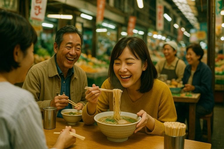 市場のラーメン店での楽しみ