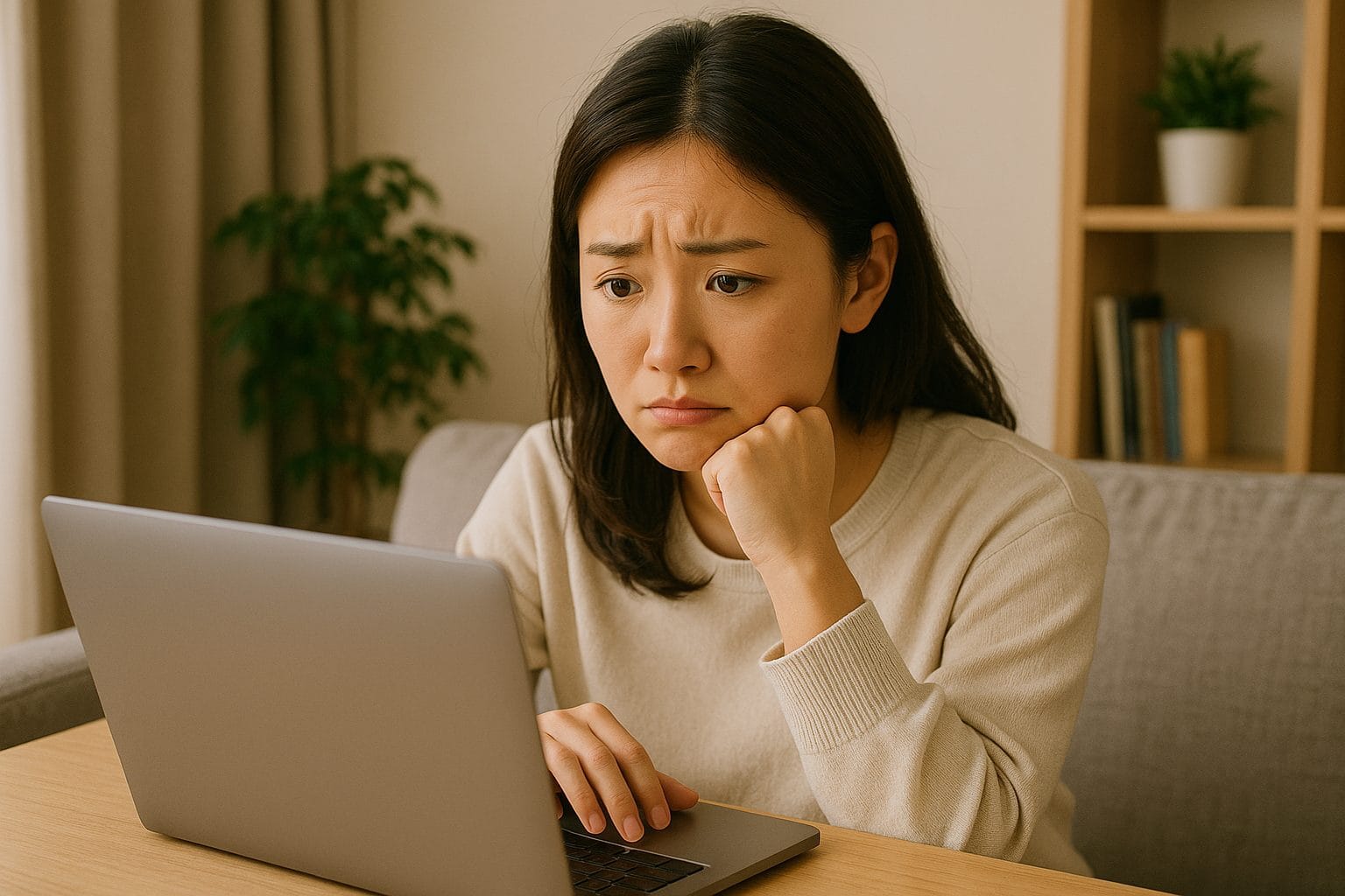 心配そうな表情の女性とノートパソコン