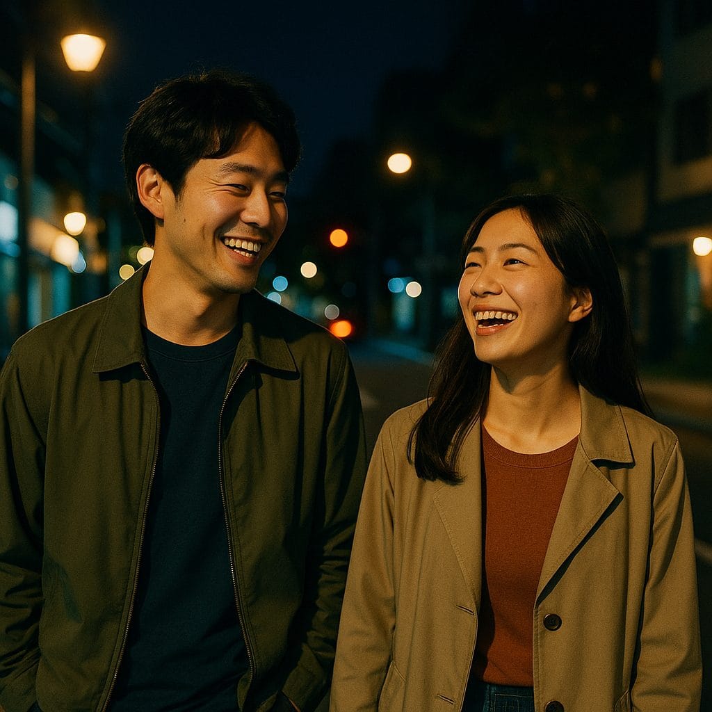 夜の街並みを歩くカップル