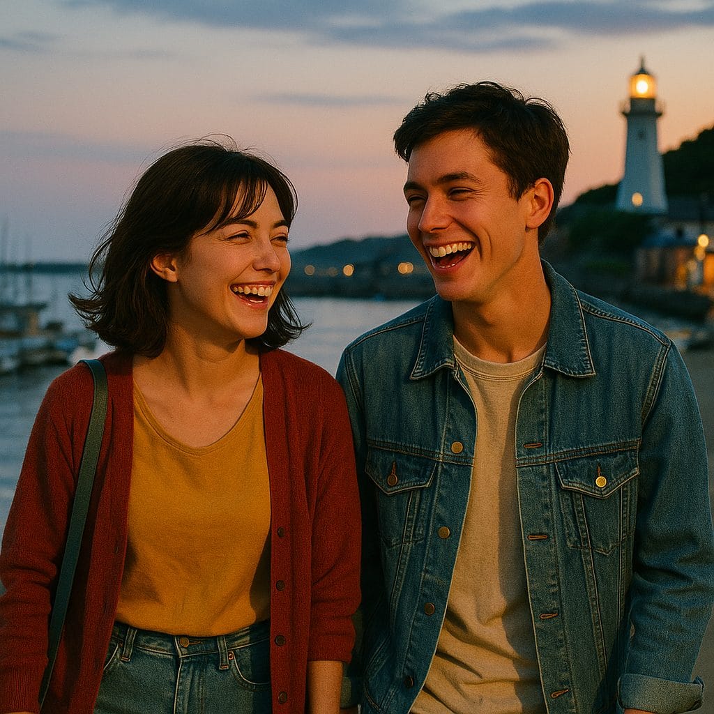 夕暮れの港での笑顔