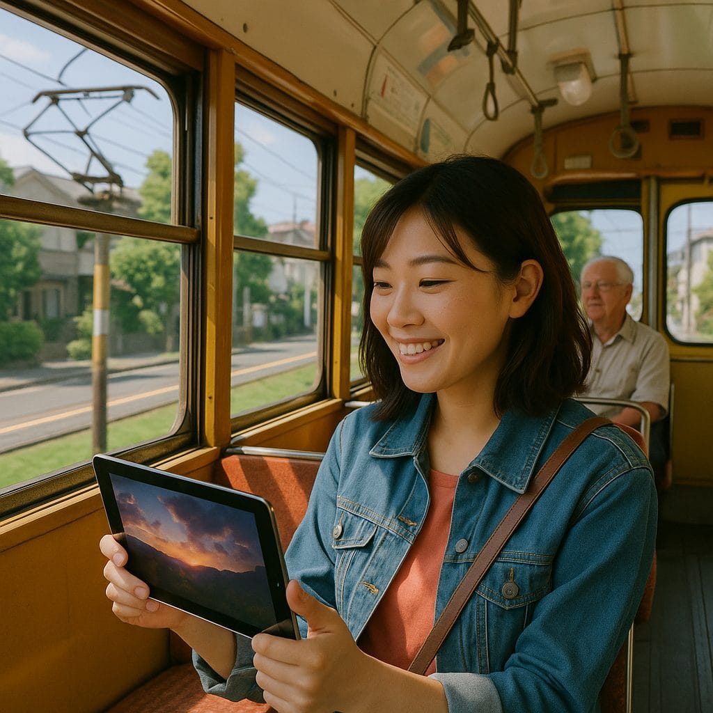 黄色い路面電車の中で映画鑑賞