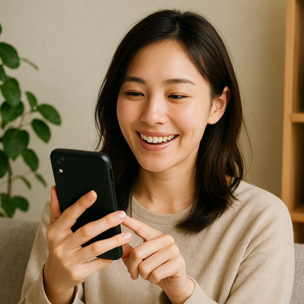 微笑む女性とスマートフォン