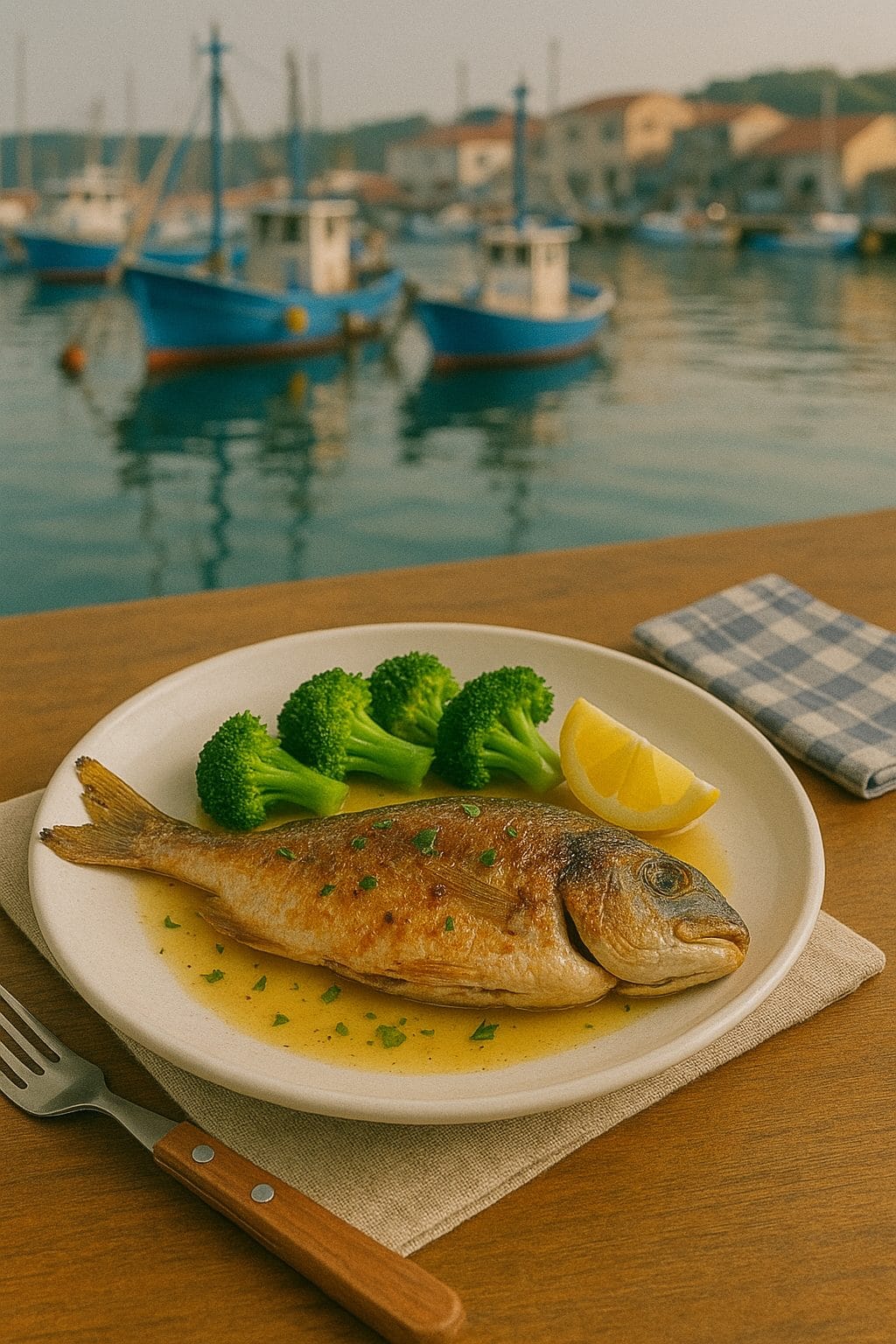 新鮮なグリル魚と港の景色