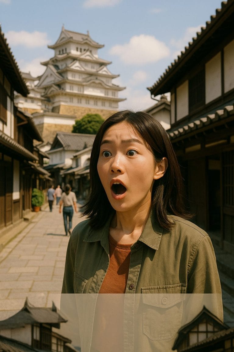 驚きの表情と城の景色