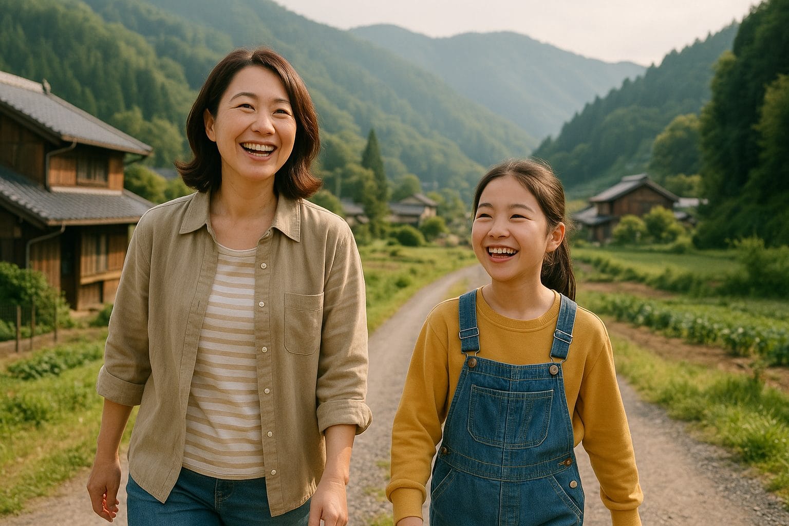 母と娘の田舎道散歩
