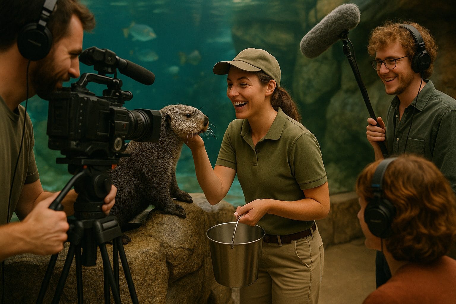 水族館でカメラ撮影中の飼育員