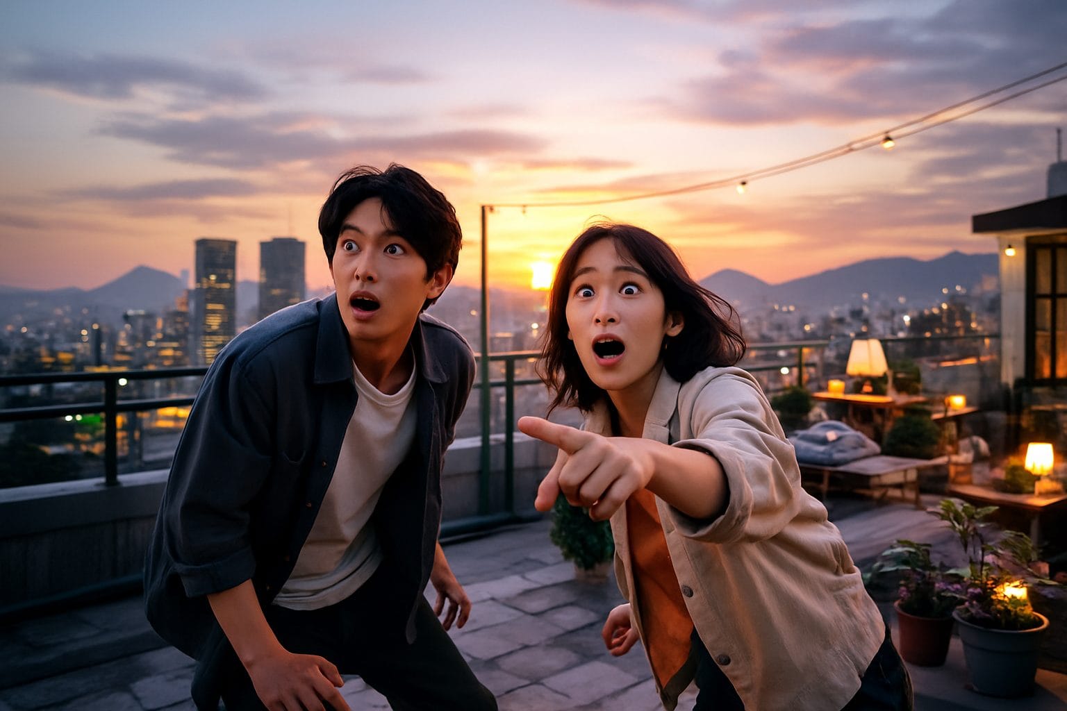 屋上で驚く二人の表情