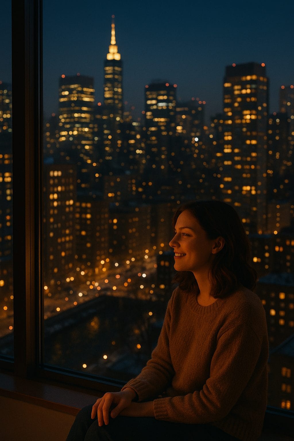 夜景を背景に窓辺のひととき