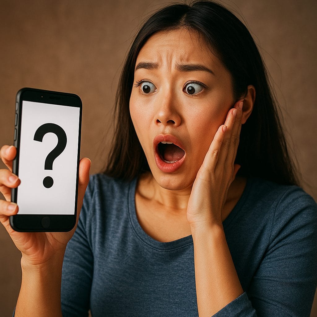 スマートフォンに驚く女性