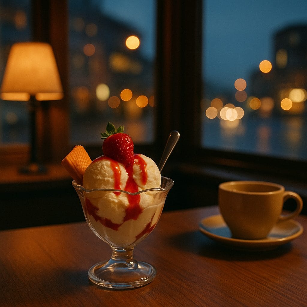 夕暮れ時のカフェでのデザート