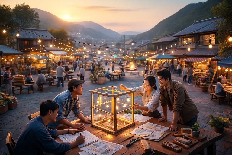 町の広場で灯籠作り