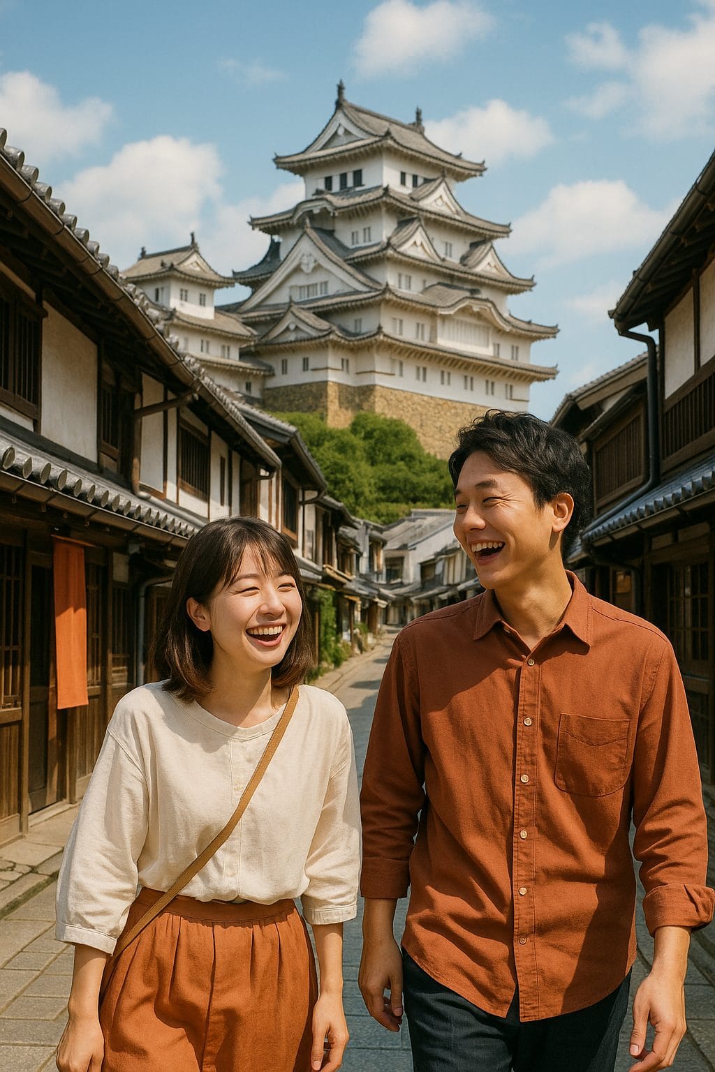 笑顔のカップルと古い街並み