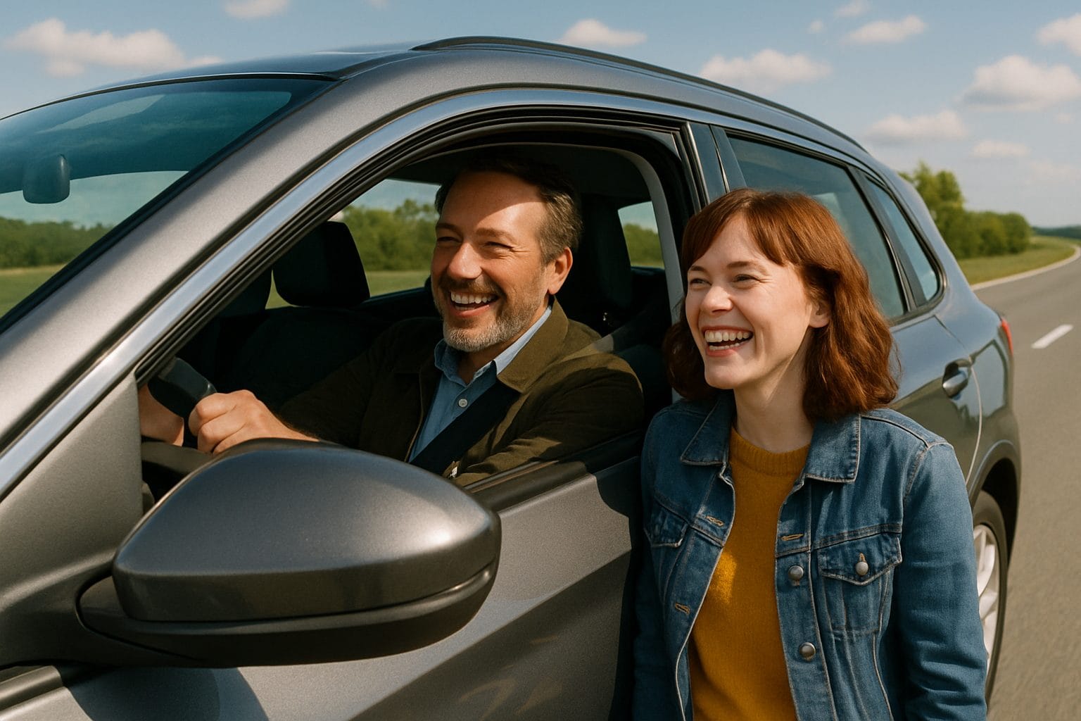 ドライブ中の笑顔のカップル