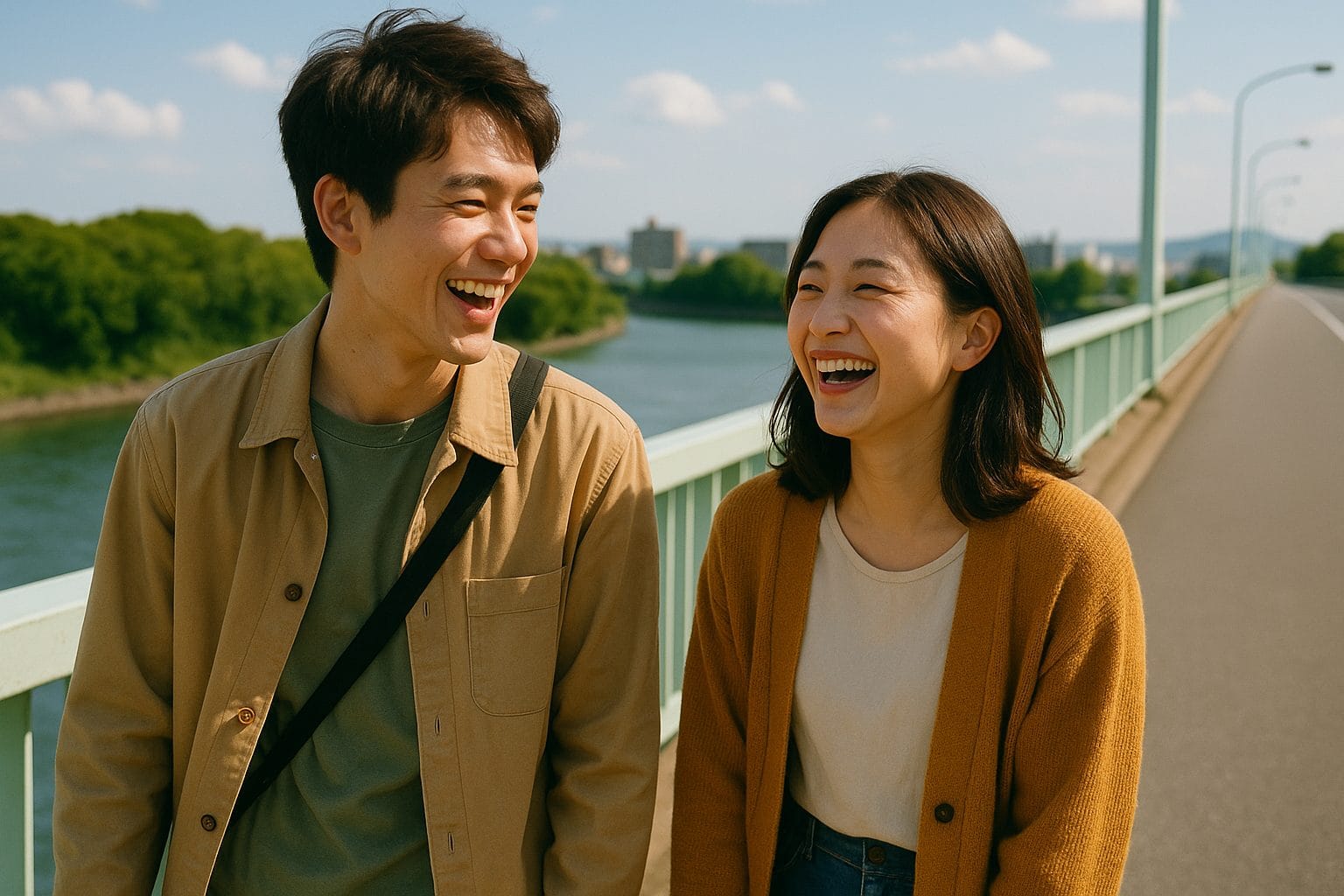 橋の上で微笑むカップル