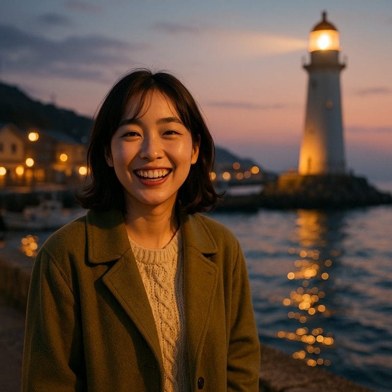 夕暮れの港の微笑み