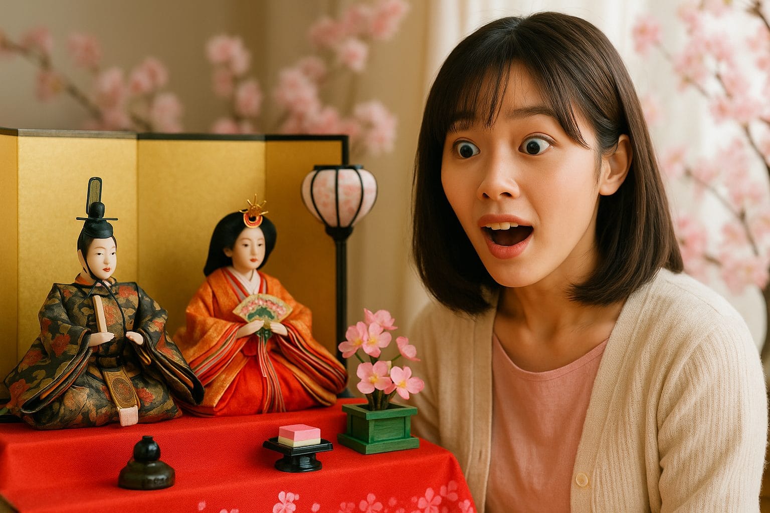 ひな祭りの前で驚く女性
