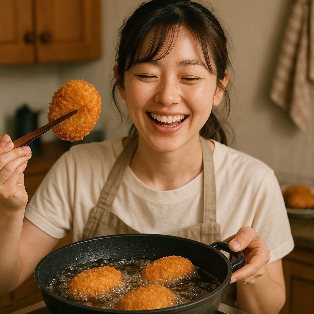 コロッケを揚げる笑顔の女性
