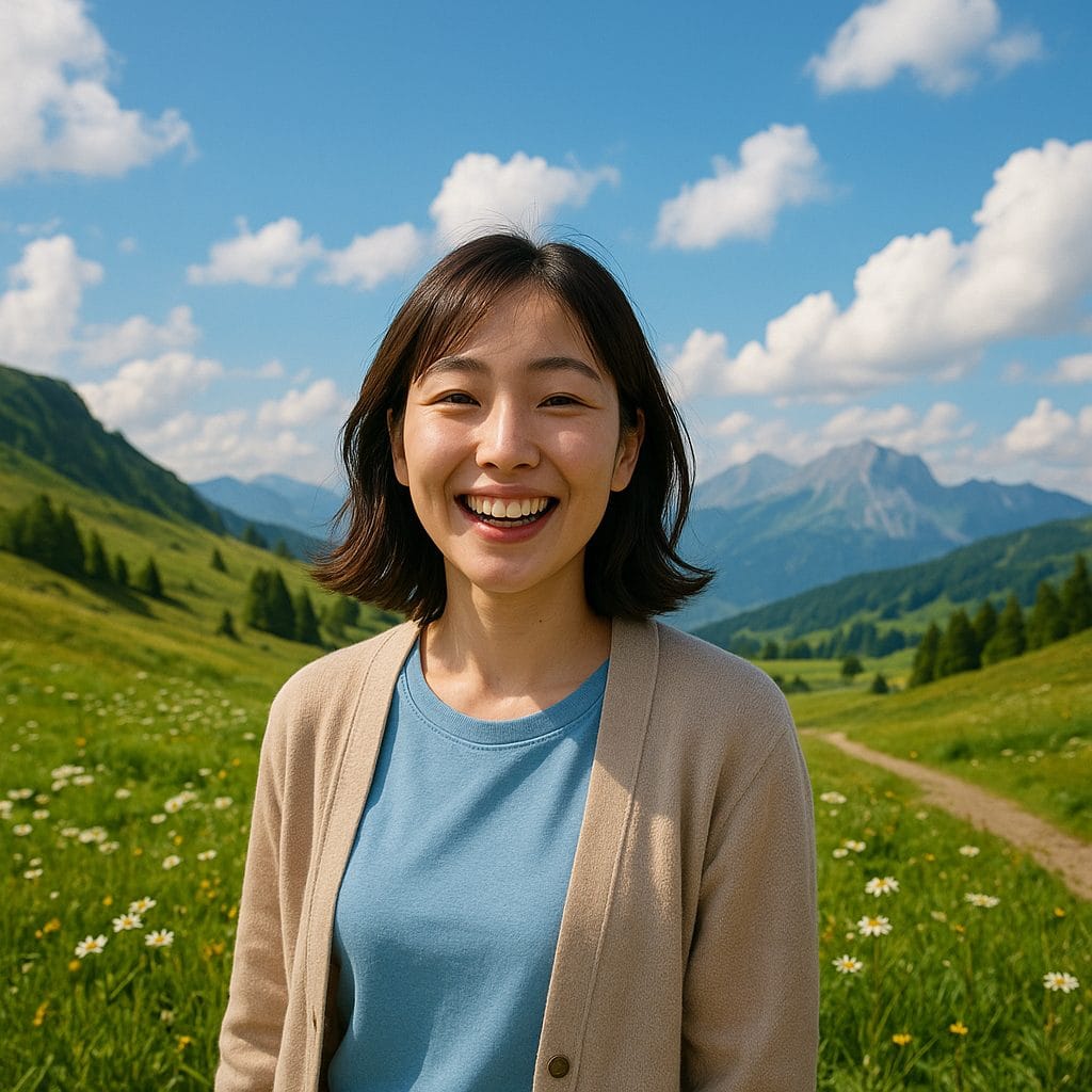 アルプスの草原で微笑む女性