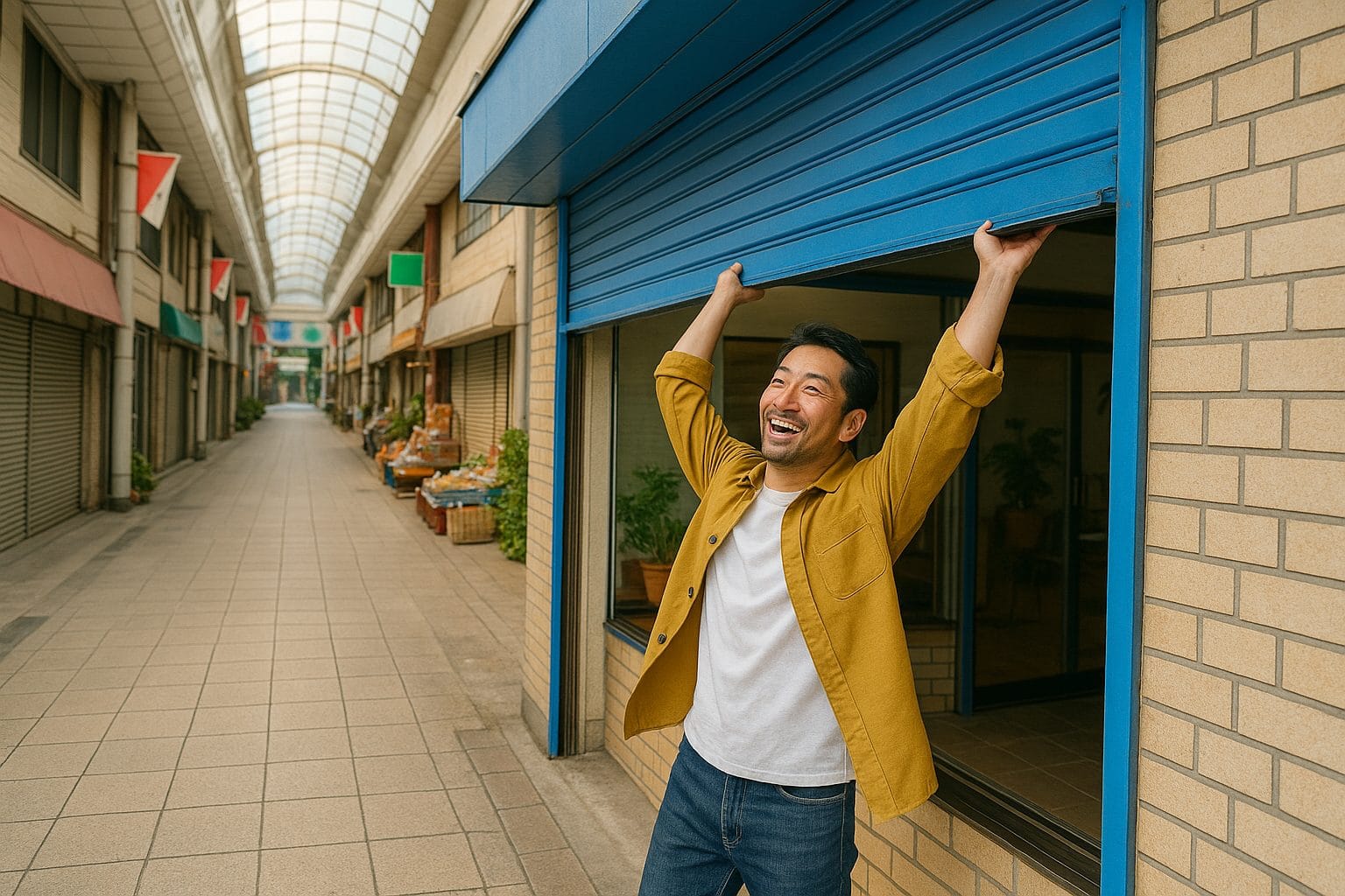 商店街のシャッターを開ける男性