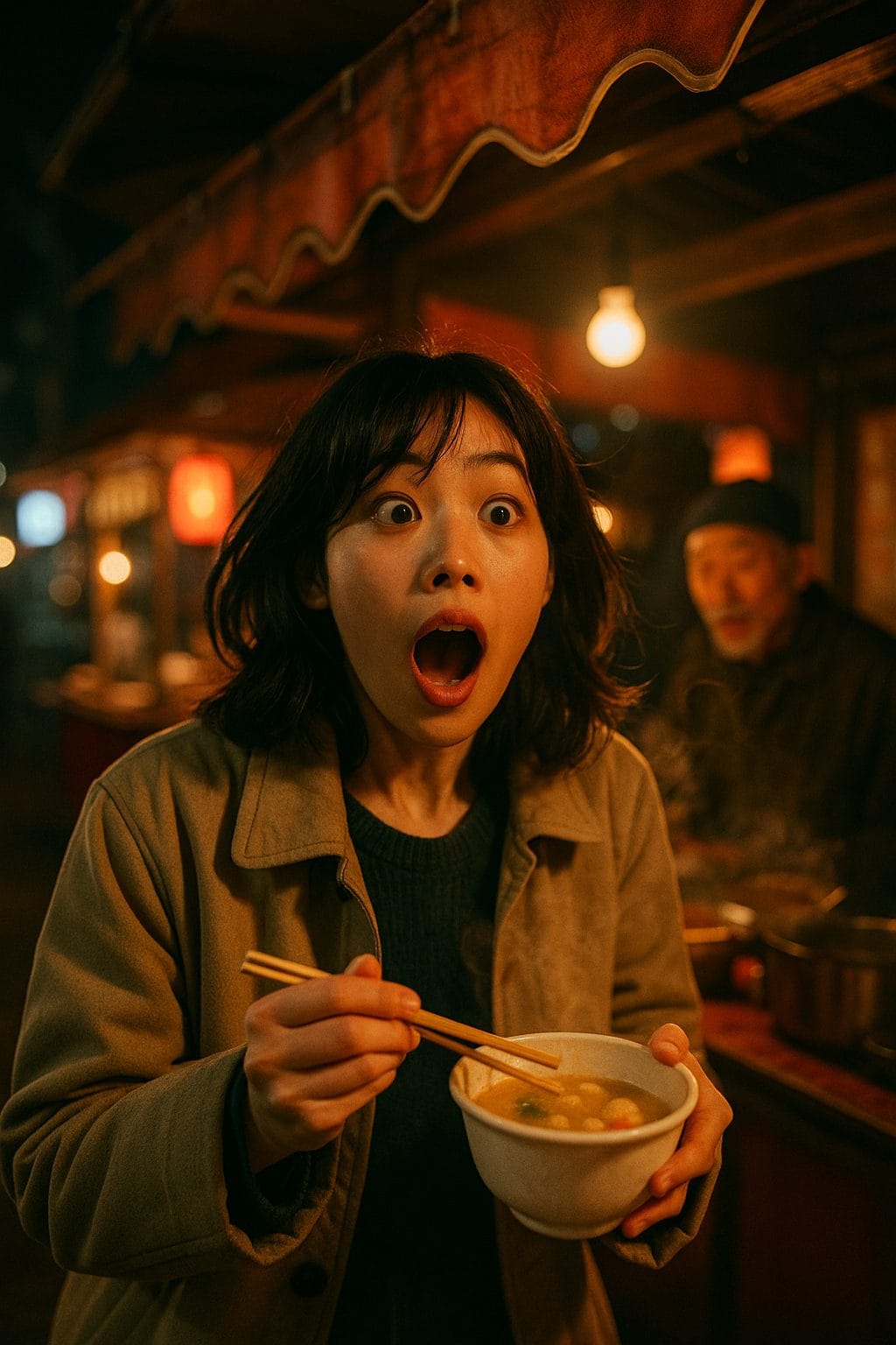 屋台の夜市で驚く女性