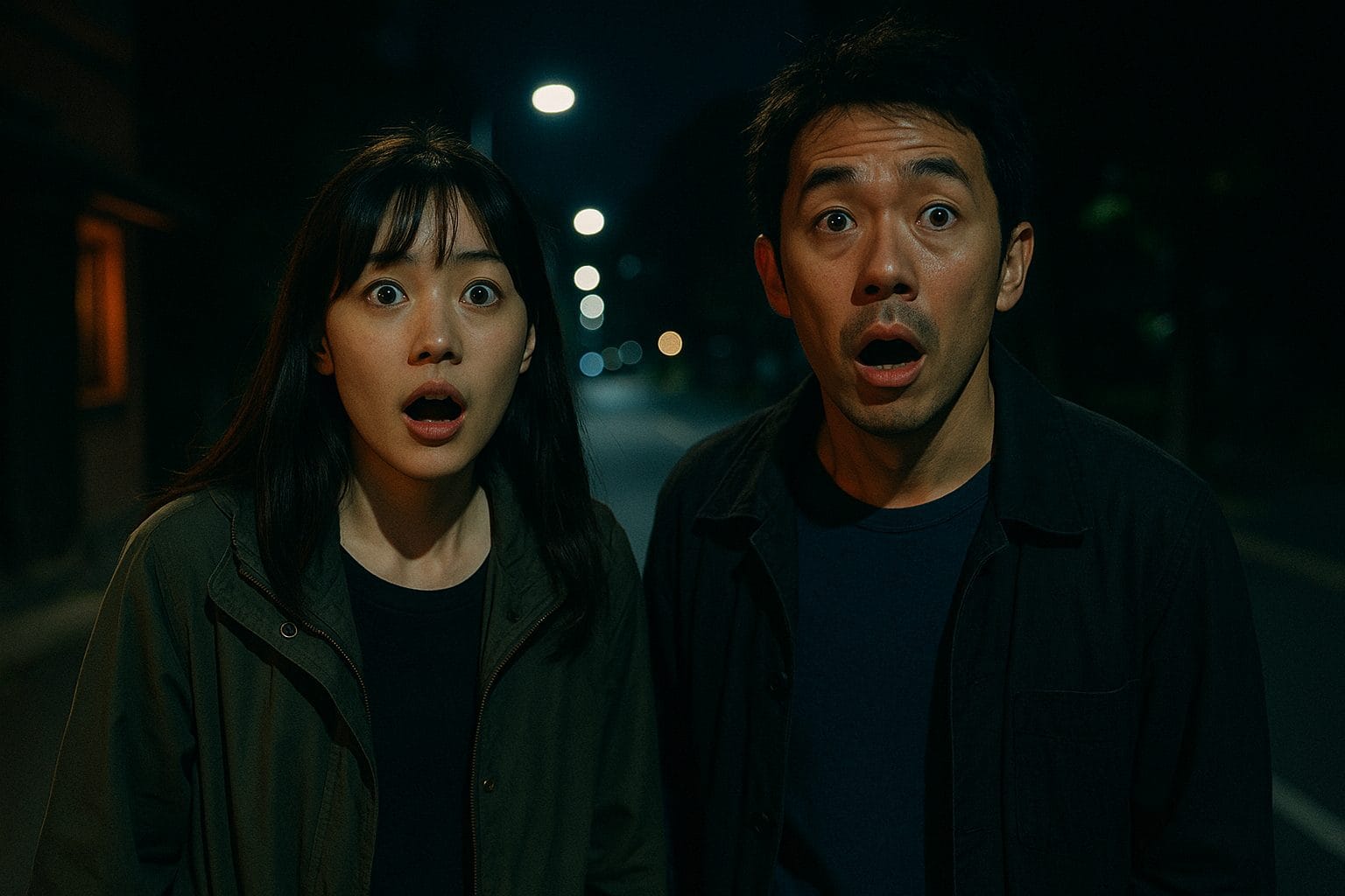 驚くカップルの夜道散歩