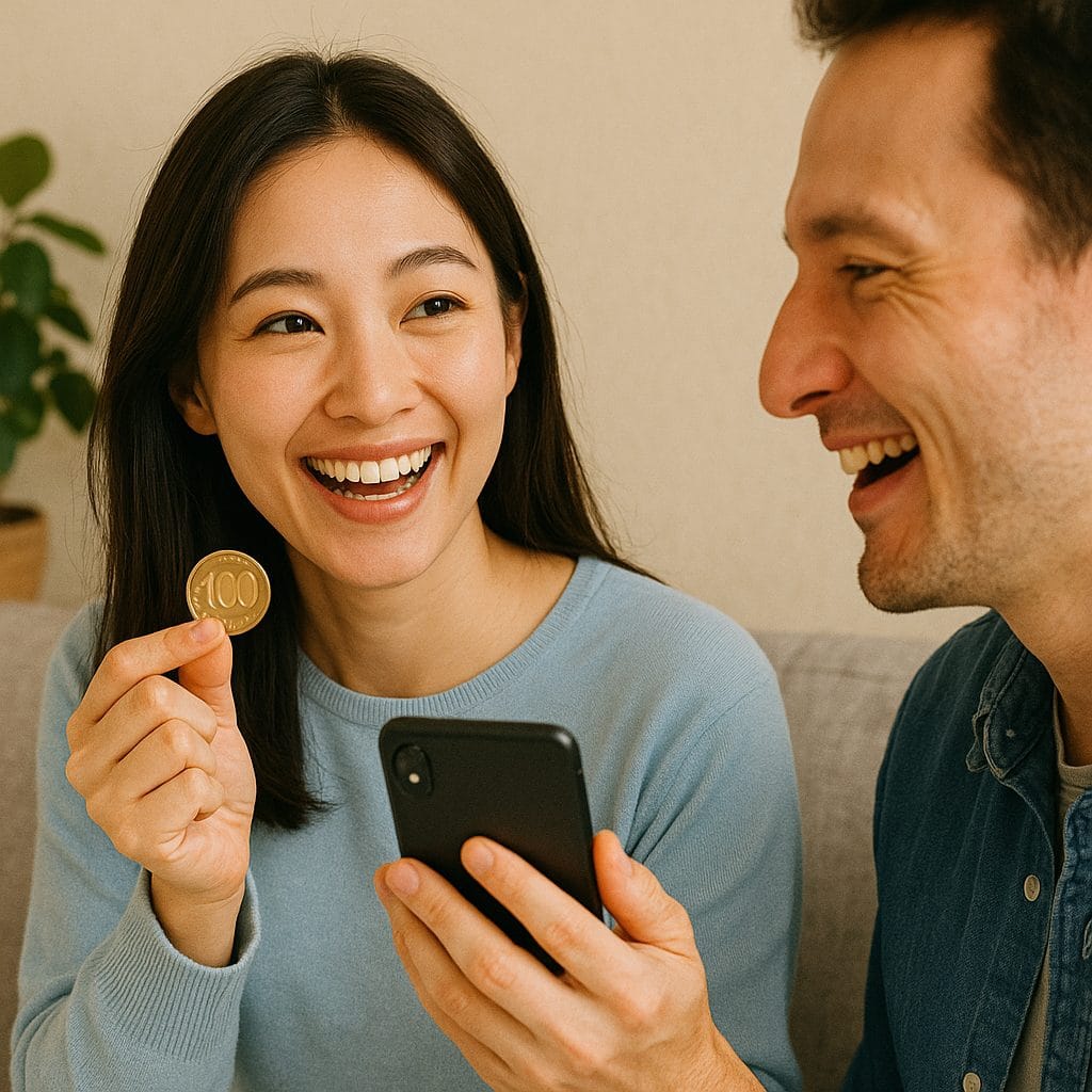 金貨を見せる笑顔